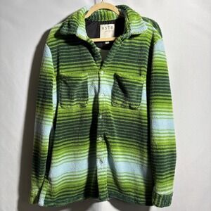 VSTR Mens Green Blue Striped‎ Fuzzy Shacket Shirt Jacket Retro Skate Surf M